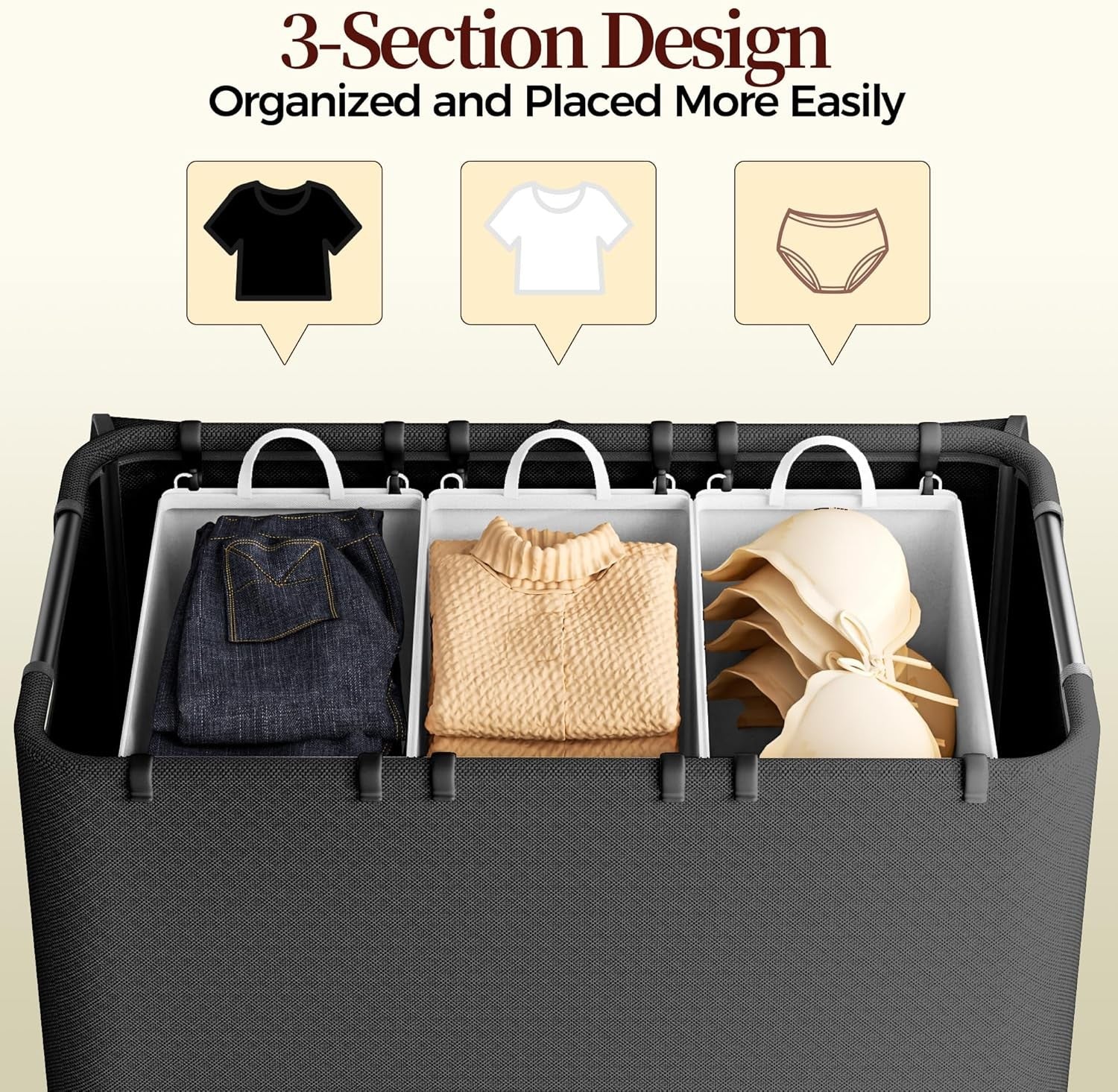 160L Large Rolling Laundry Hamper with Lid 2-Section Basket Removable Bags Black