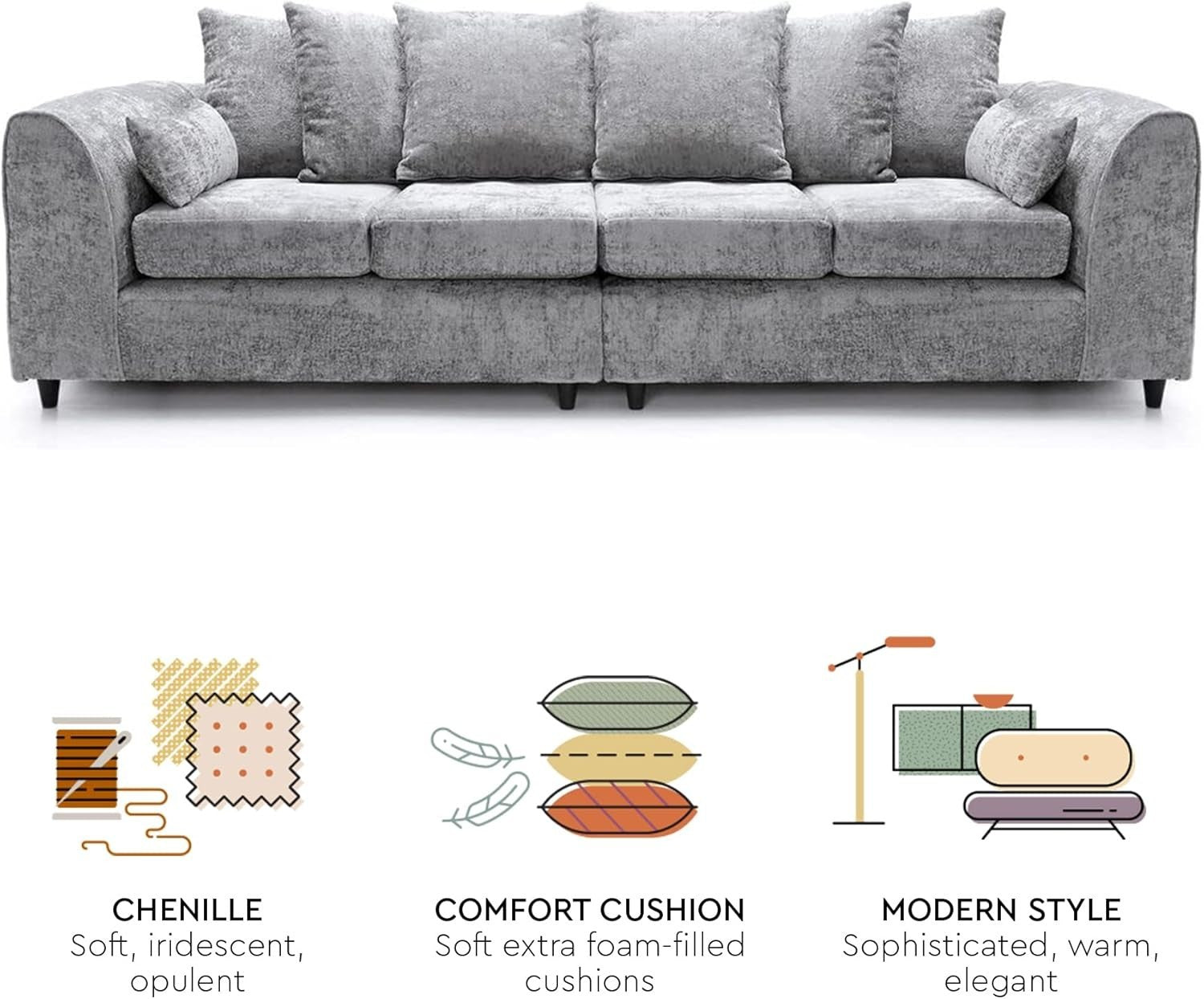 4 Seater Sofa Light Grey Chenille Large Couch Modern Removable Covers Seating