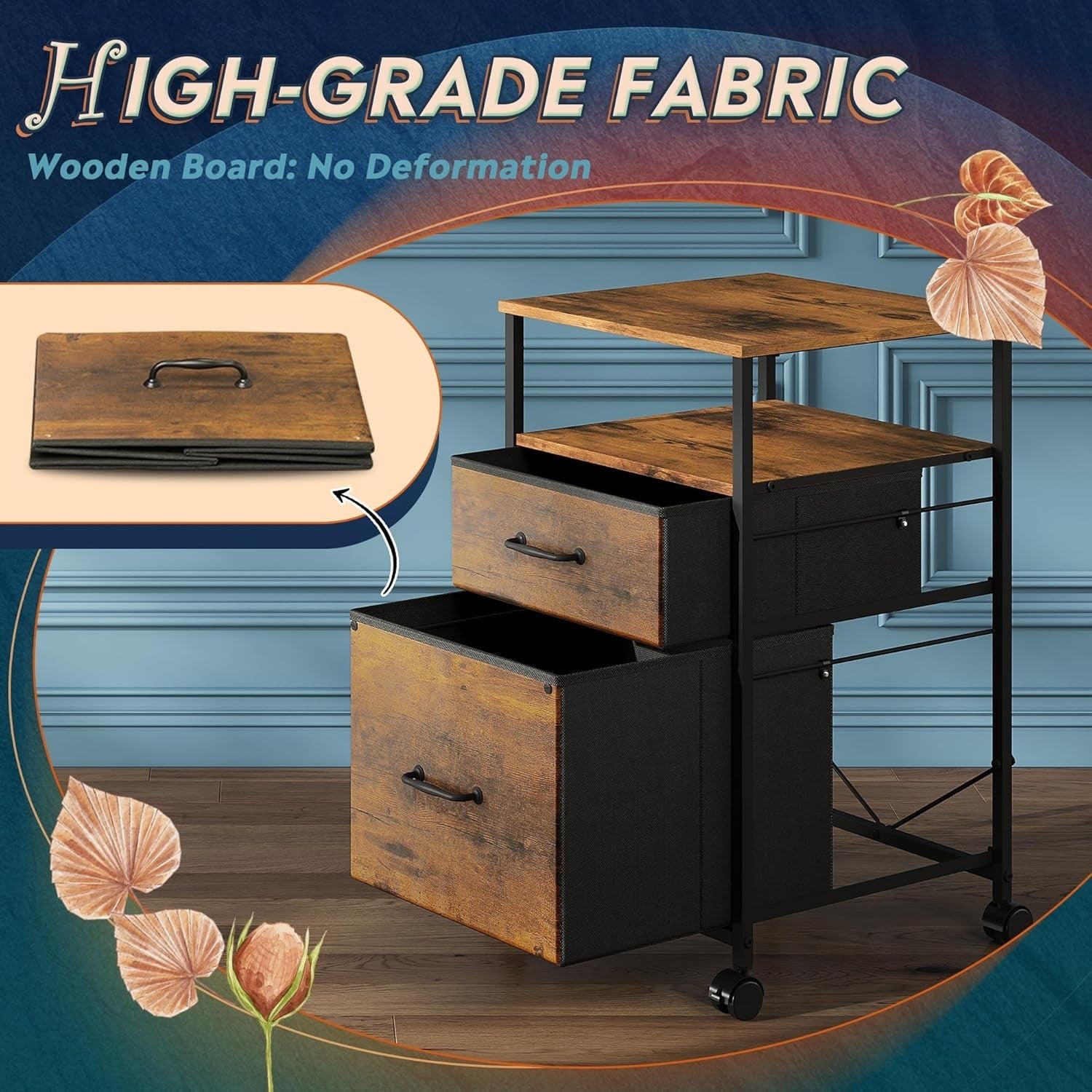 Rustic Brown Mobile File Cabinet 2 Drawer 68cm Under Desk