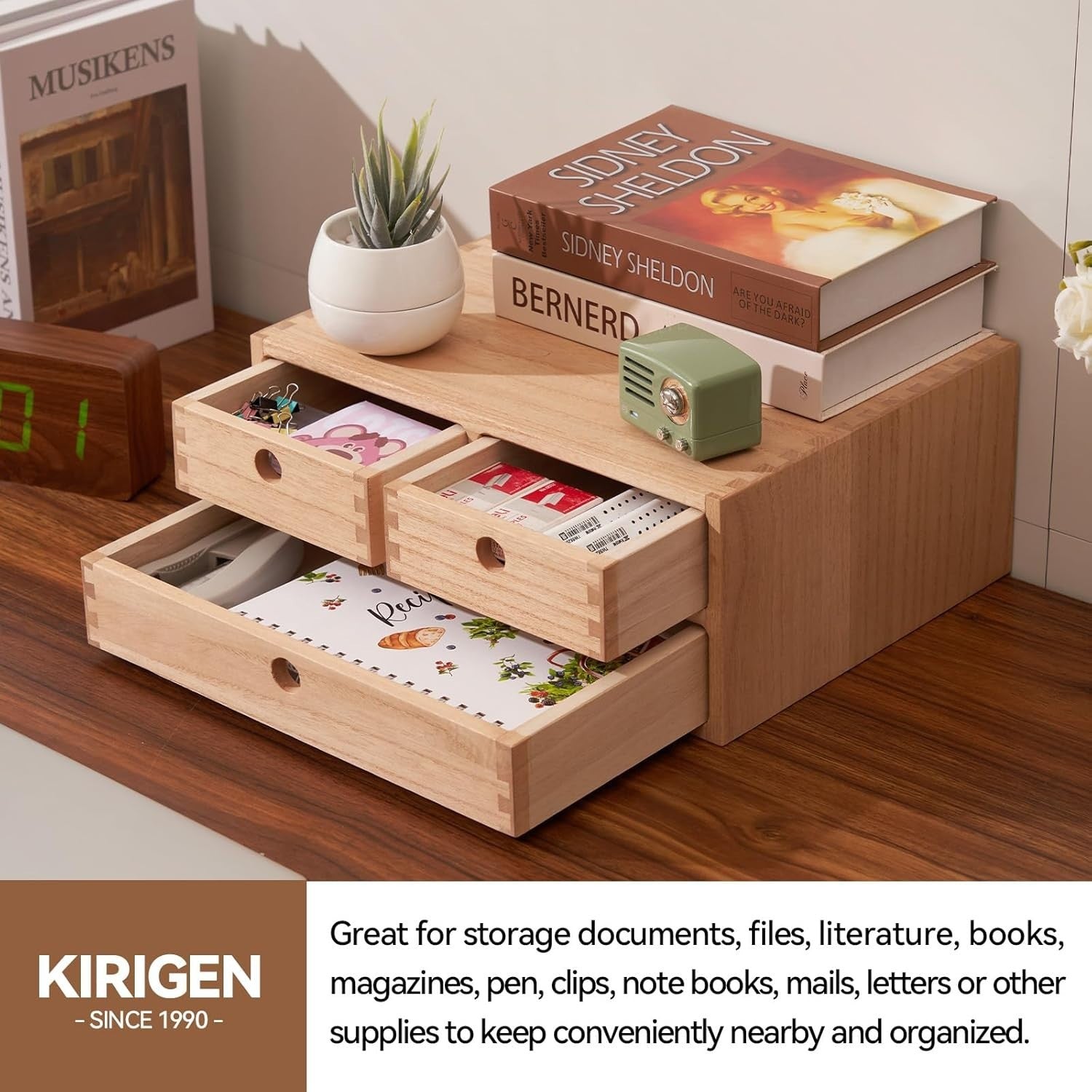 Natural Wood Desktop Organizer 3 Drawer Filing Box 35cm Office Storage