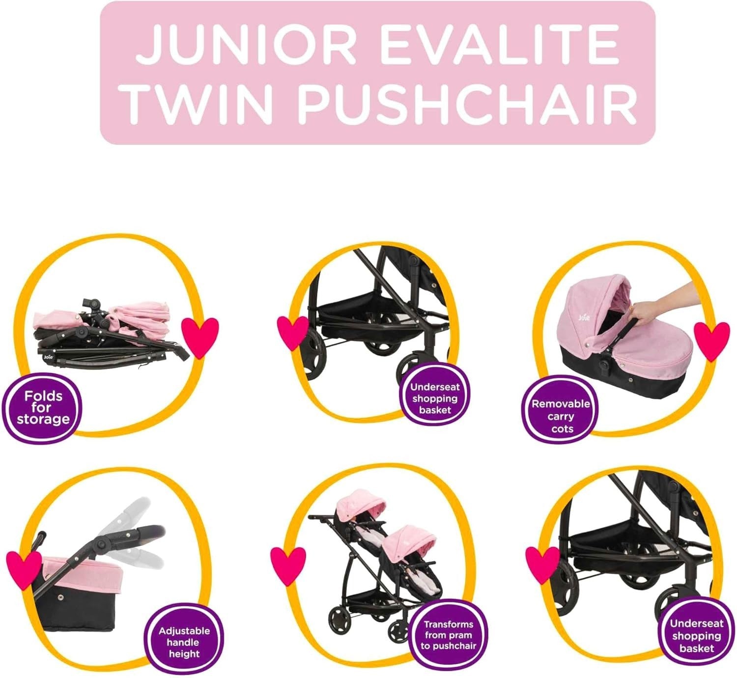 Twin Doll Pushchair Double Pram Adjustable Handle Folding Stroller 45cm