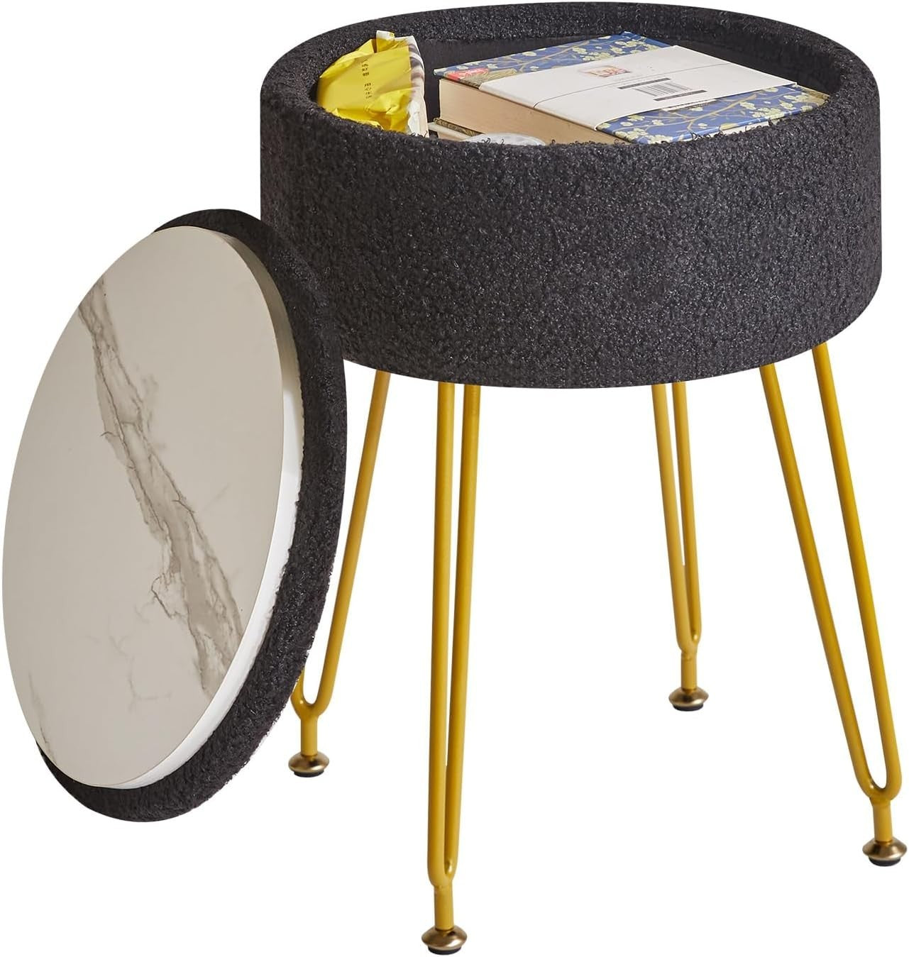 Black Teddy Velvet Storage Footrest Stool – Vanity Ottoman with Golden Legs