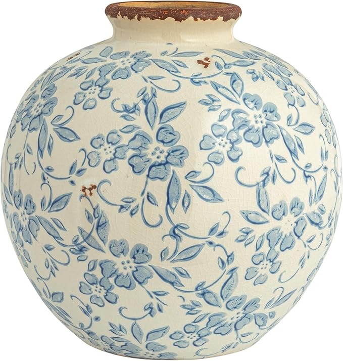 Blue Terracotta Floral Vase Crackle Finish Decorative Table Home Decor