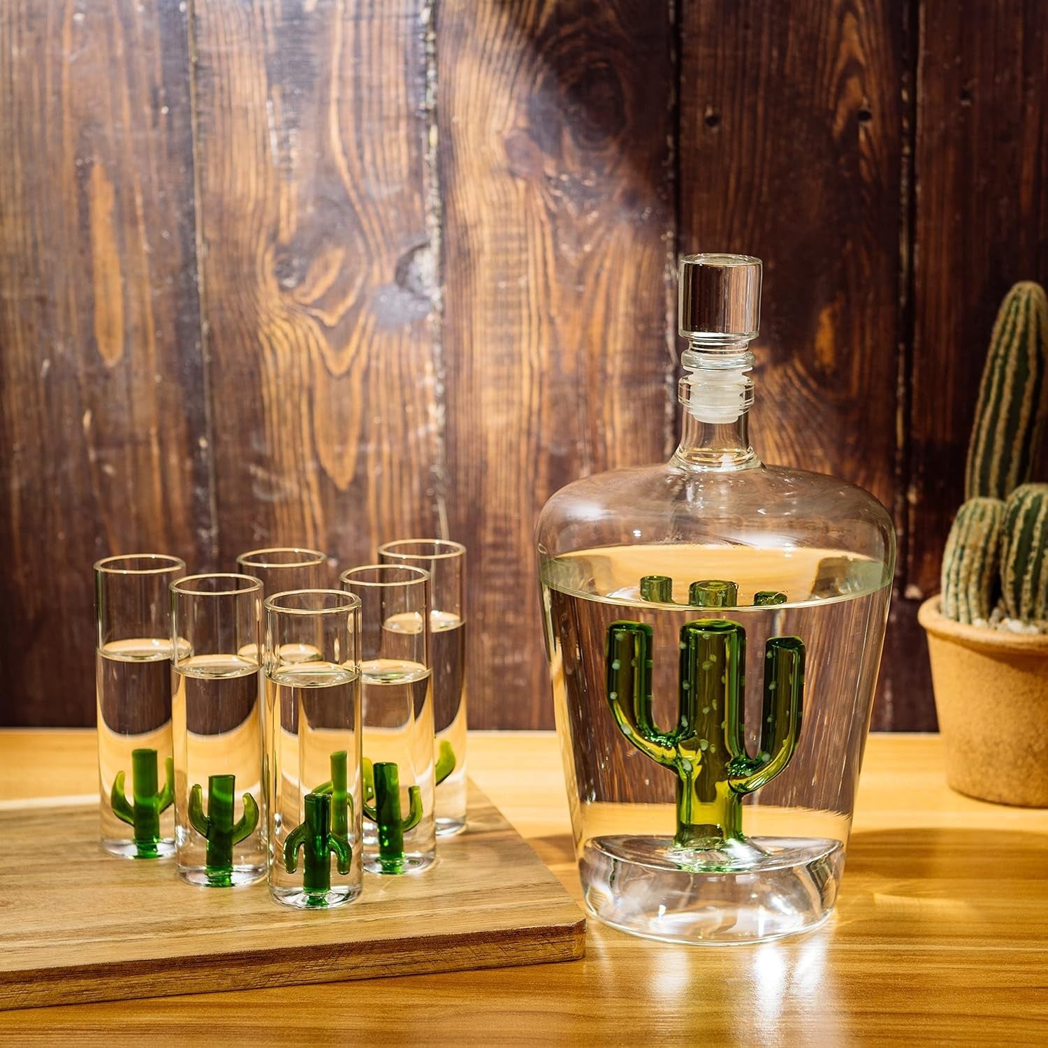 Cactus Tequila Decanter Set with 6 Shot Glasses Luxury Bar Display Gift