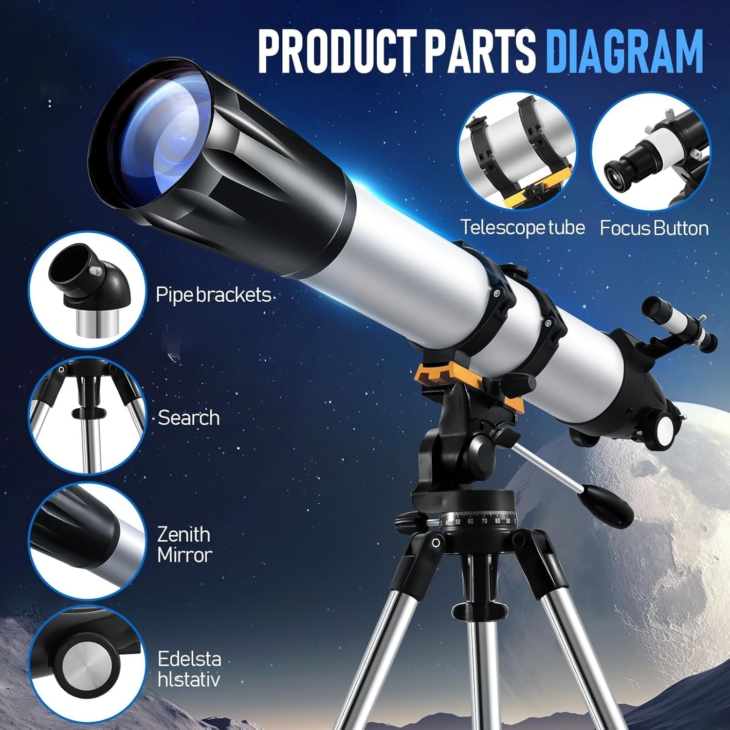 90mm Refractor Telescope for Adults & Kids, 675X Magnification, Tripod