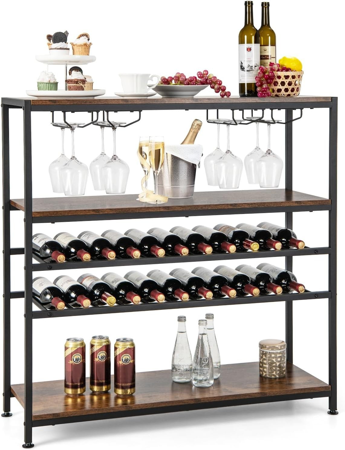 5-Tier Wine Rack Table with Glass Holder, Rustic Bar Shelf Storage Unit