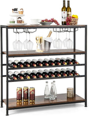 5-Tier Wine Rack Table with Glass Holder, Rustic Bar Shelf Storage Unit