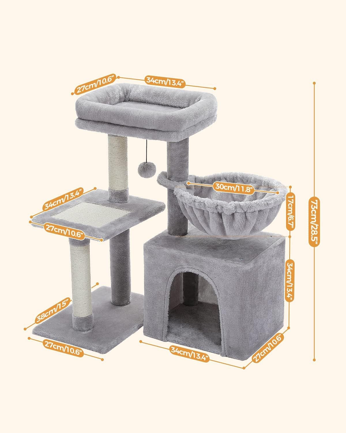 Small Cat Tree 73cm Indoor Cat Tower With Condo Hammock Scratching Posts