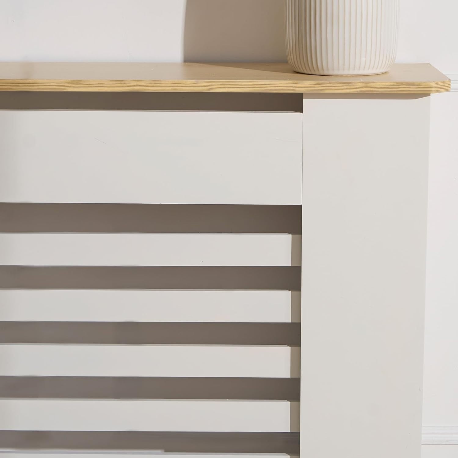 Small Cream Radiator Cover with Oak Top 78x19x82cm – Modern MDF Slatted Cabinet