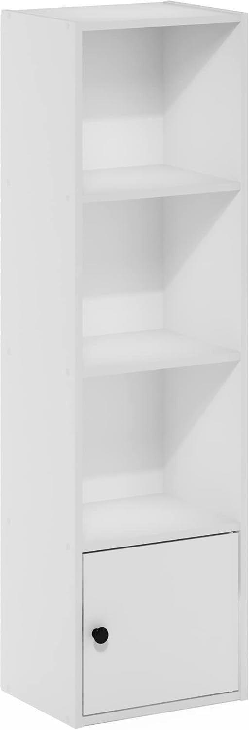 Modern 4-Tier White Bookshelf with 1 Door Cabinet Durable Storage Shelf