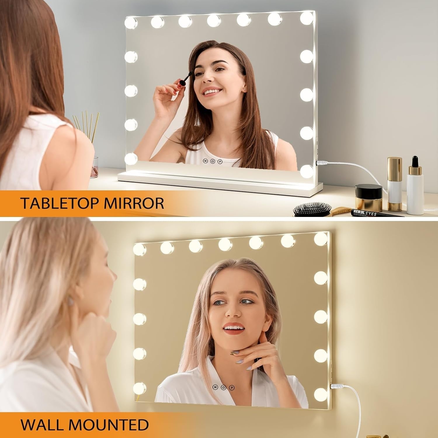 Hollywood Vanity Mirror with 15 Lights, Touchscreen, Dimmable, USB