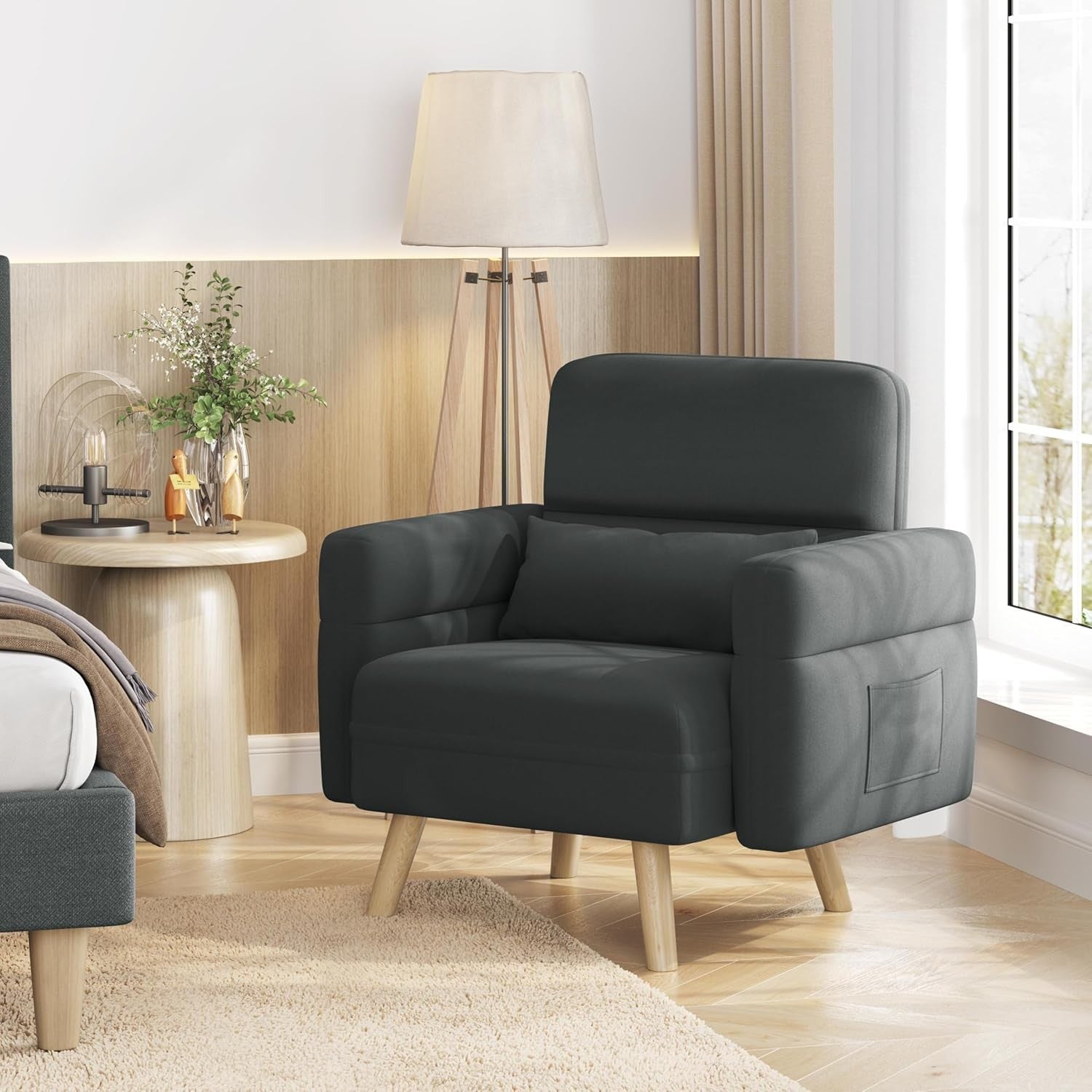 Modern Fabric Tub Armchair with Lumbar Pillow Side Pockets Grey