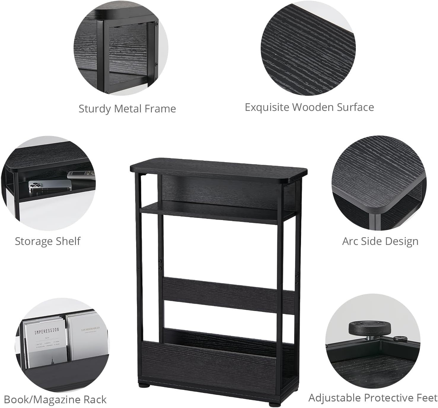 Slim Black Side Table for Small Spaces – 3-Tier Storage Bedside Unit 55cm