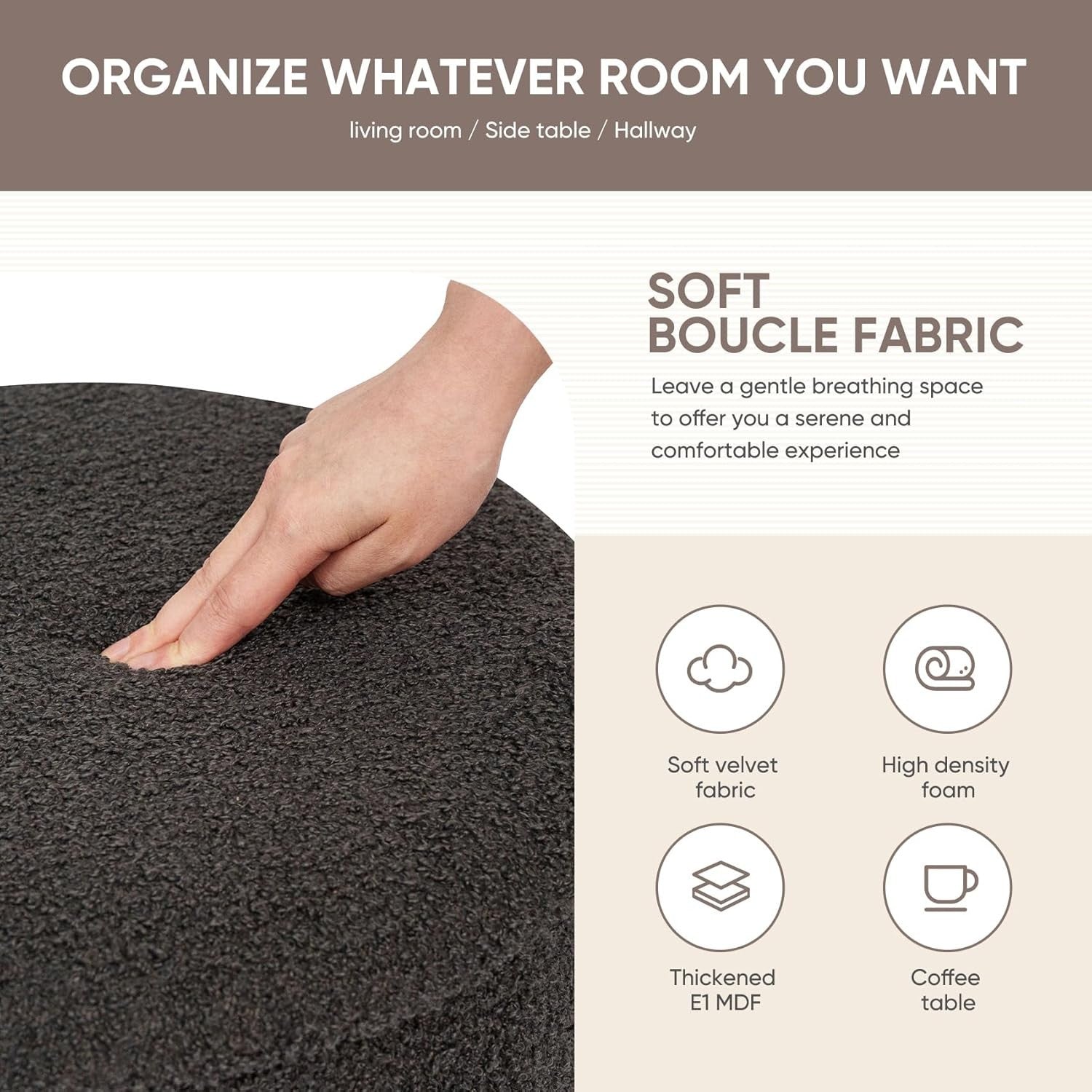 Grey Boucle Large Round Storage Ottoman Foldable Footrest with Tray Lid
