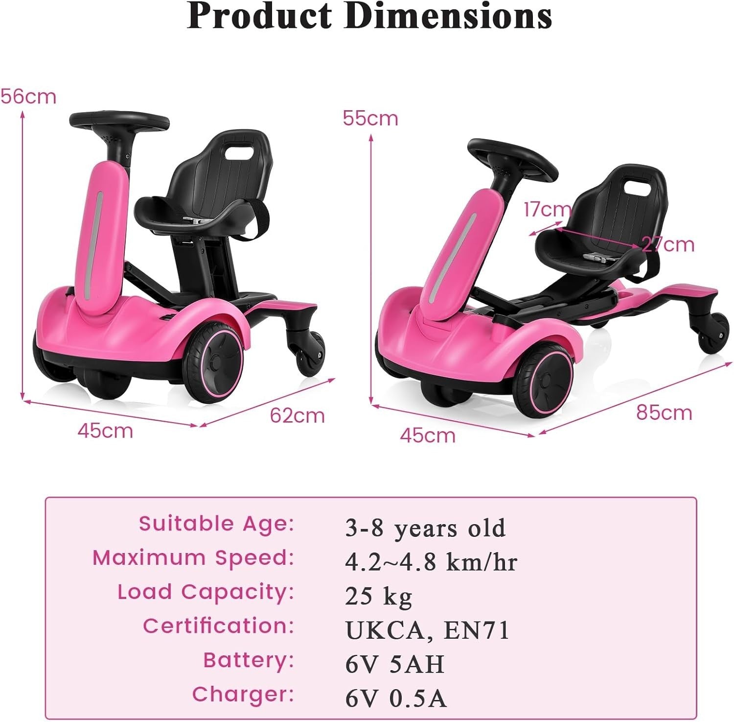 Electric Ride On Racing Car 6V Drift Kart 360 Spin Kids Pink Toy