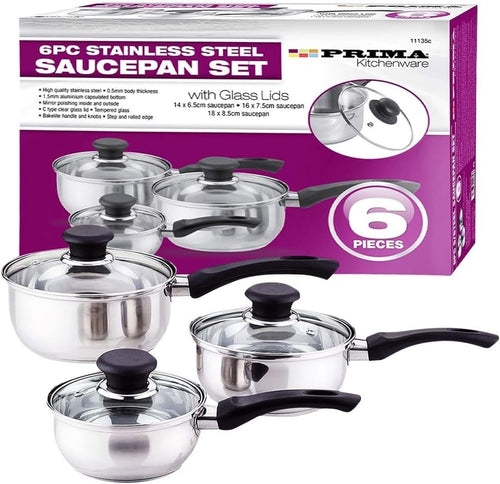 3pcs Stainless Steel Saucepan Set with Glass Lids & Heat Resistant Handles