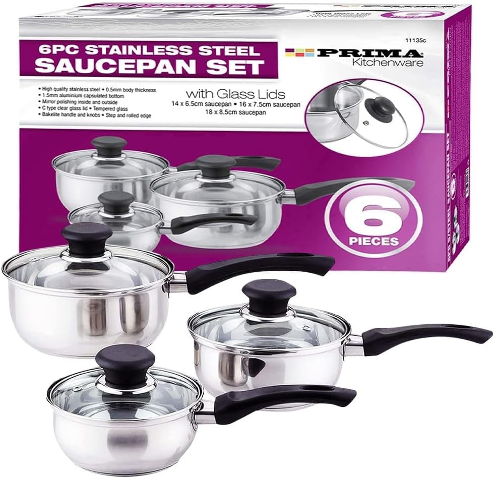3pcs Stainless Steel Saucepan Set with Glass Lids & Heat Resistant Handles