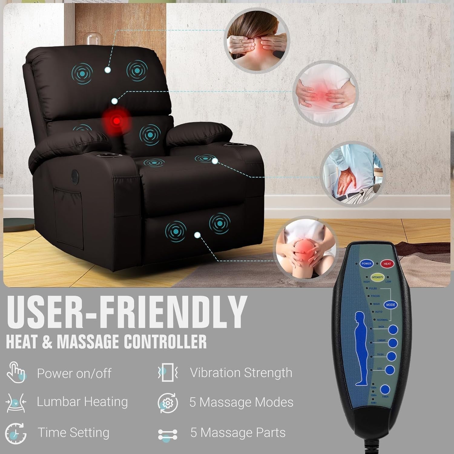Massage Rocker Recliner Chair with Heat 360° Swivel USB & Type-C Ports Brown