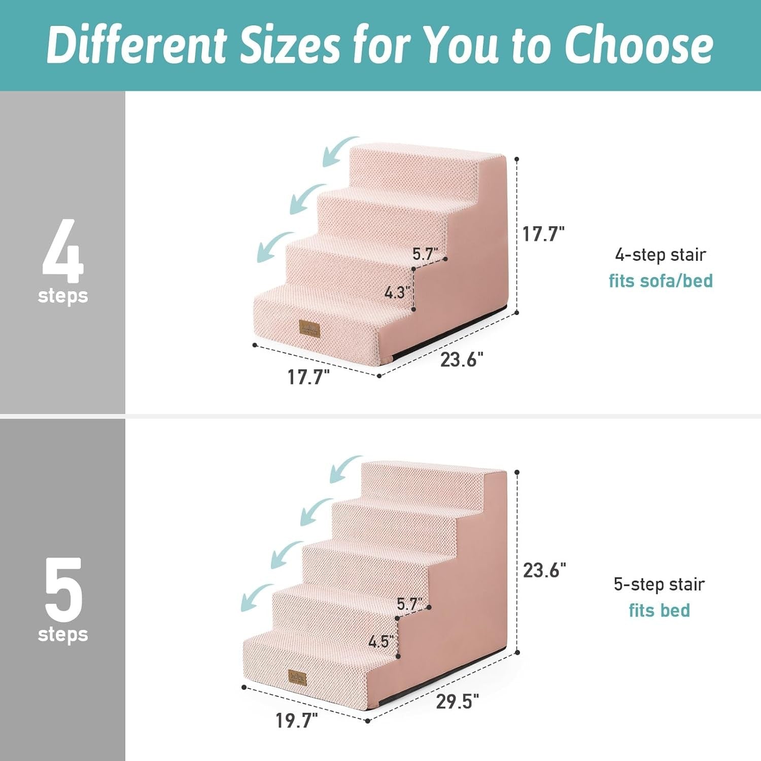 Wide Dog Stairs Non-Slip Pet Steps for Small Dogs Cats Puppy 50x75x60cm Pink