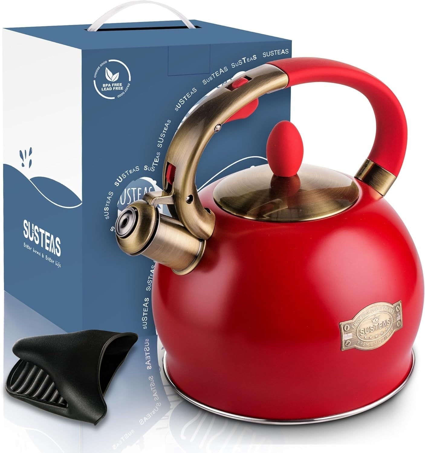 3L Red Whistling Tea Kettle Stainless Steel Stove Top Teapot