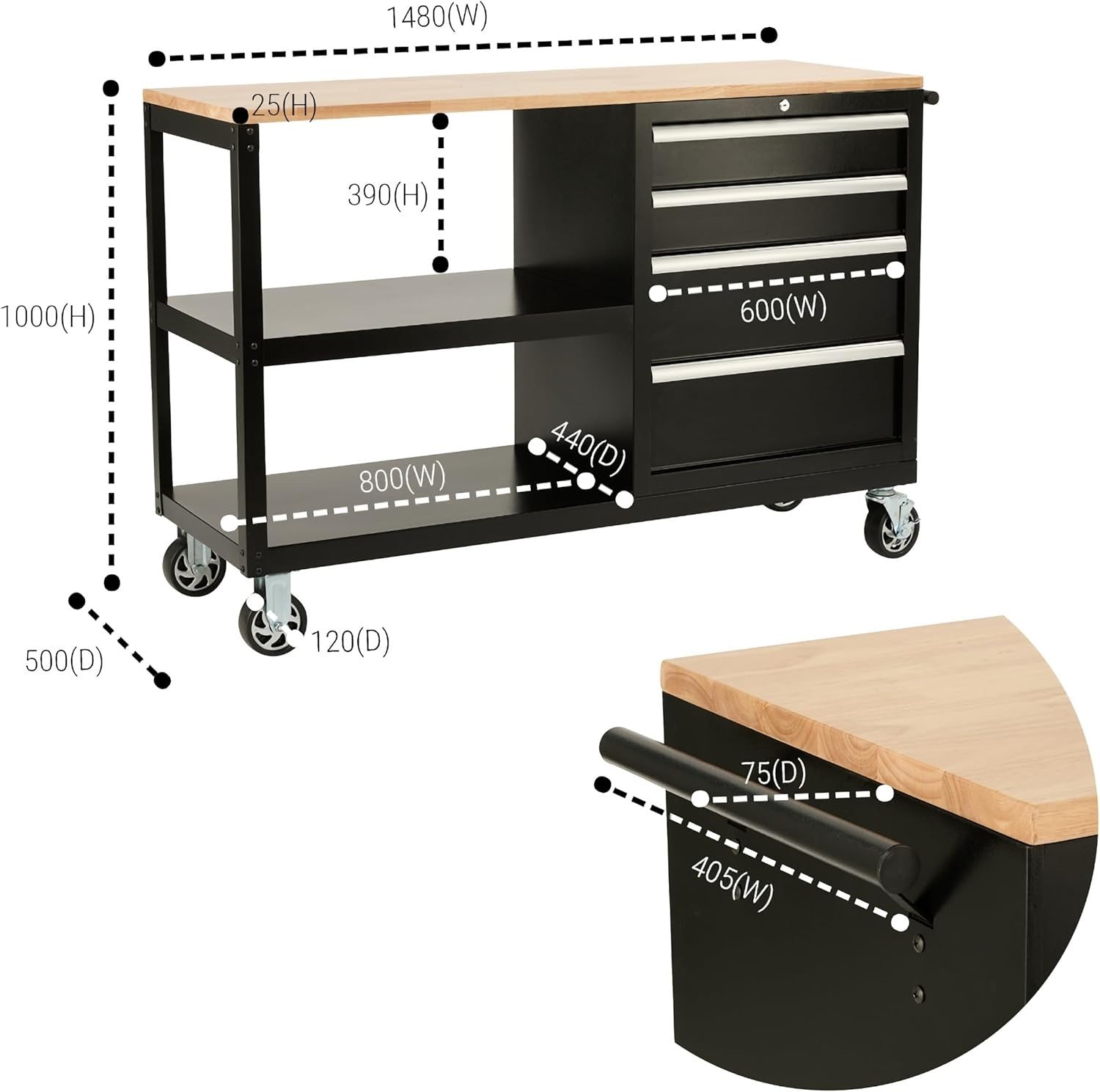 Mobile Workbench on Wheels with Locking Drawers Hardwood Top Steel 1480mm