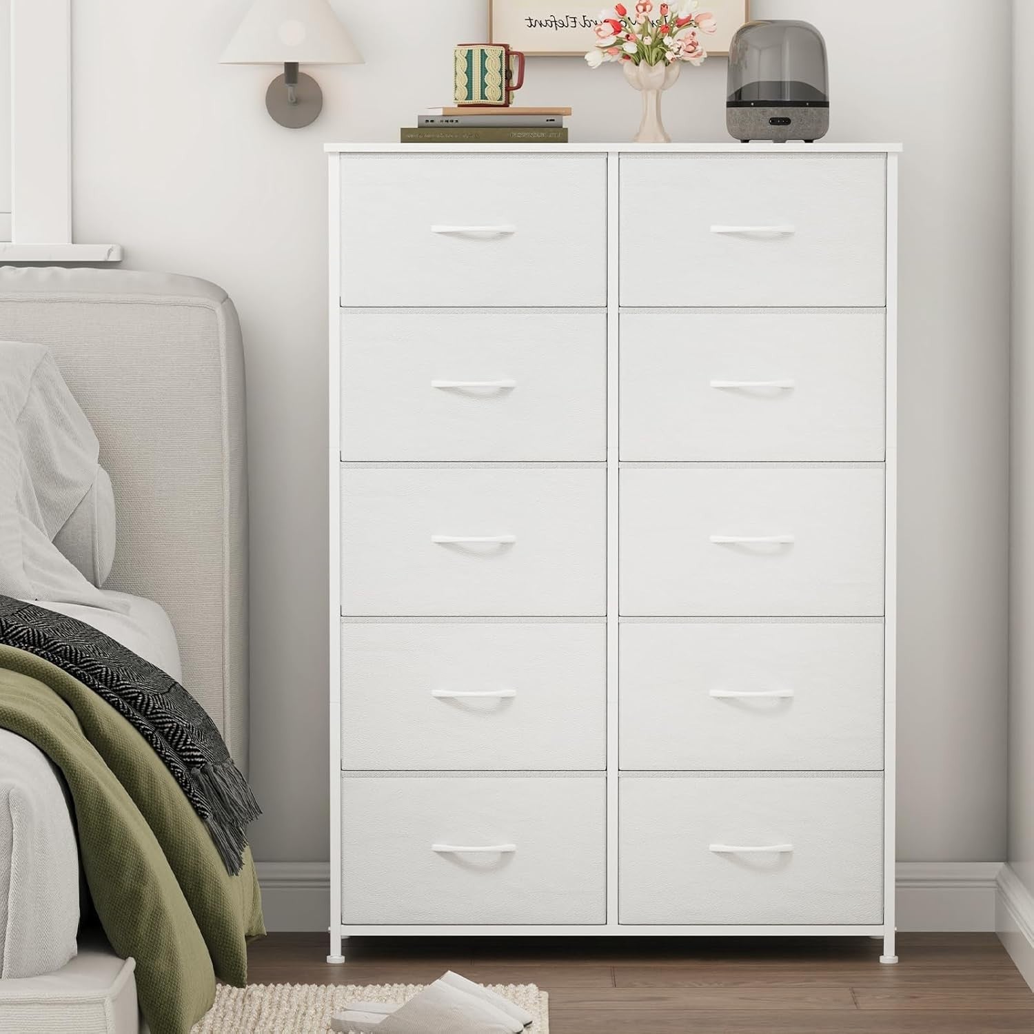 White Tall 10 Drawer Fabric Dresser Storage Unit Wardrobe Bedroom Cabinet