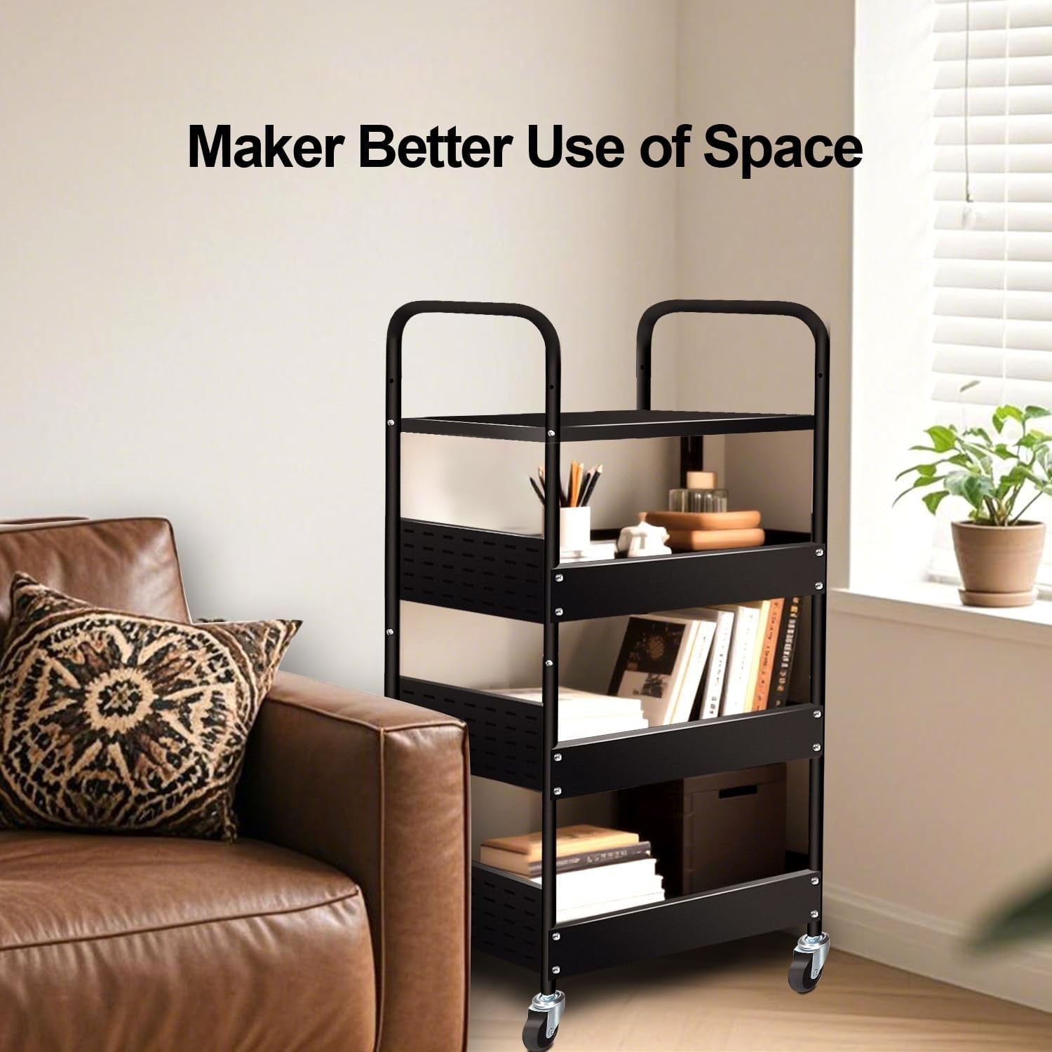 4 Tier Rolling Utility Cart Heavy Duty Metal Storage Organizer Black