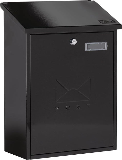 Lockable Wall Mounted Post Box Black Steel Weatherproof Mailbox 45x33x15cm