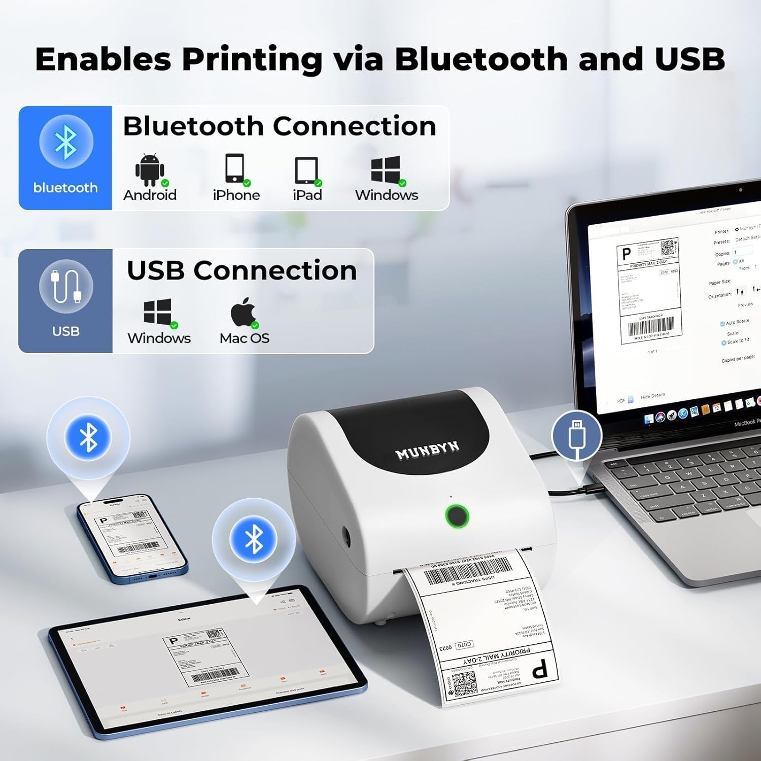 White 4x6 Bluetooth Thermal Label Printer USB Shipping for Small Business