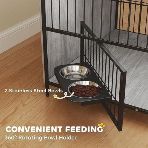Dog Crate Furniture with Feeding Bowls & Lockable Doors, Grey Indoor Table