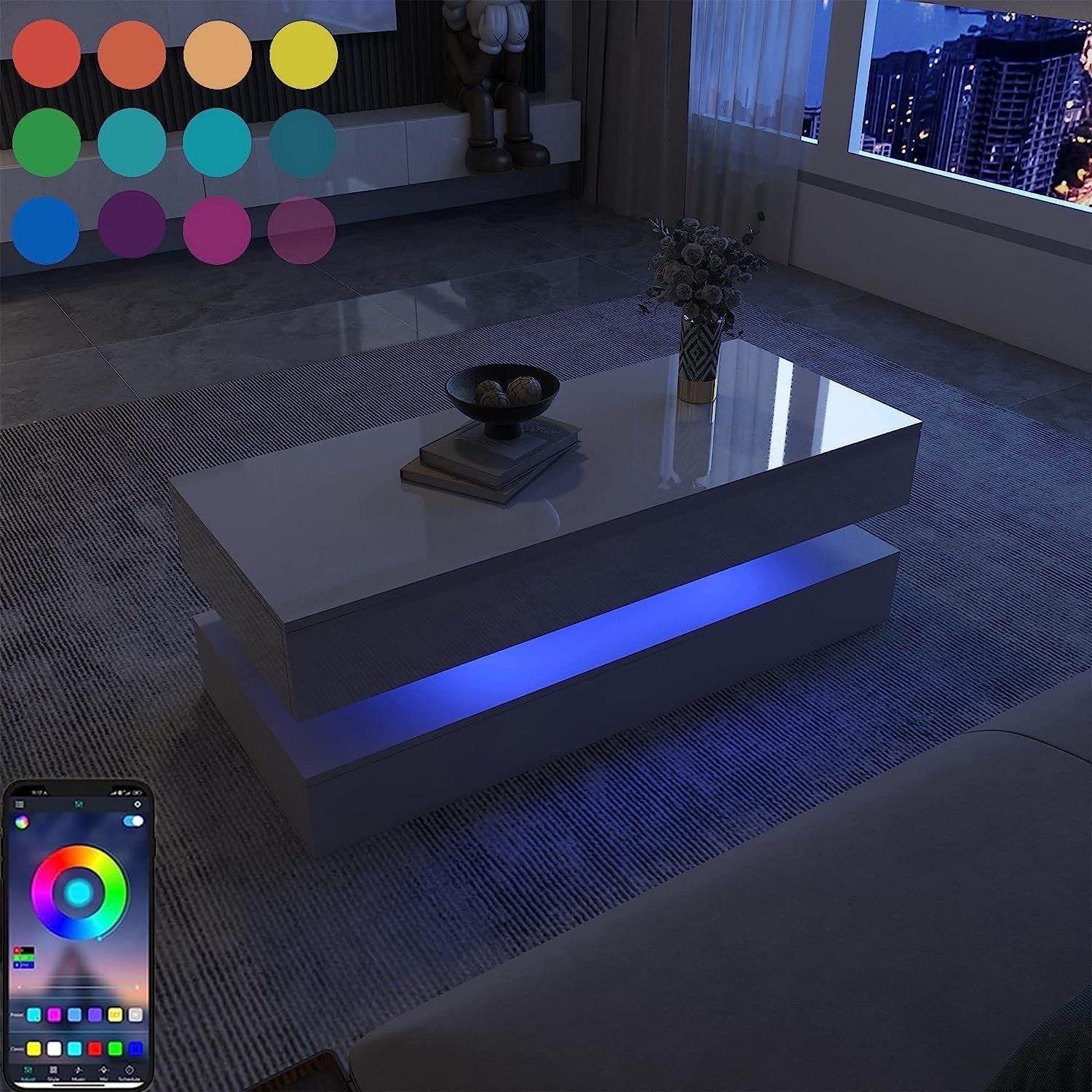 Modern White High Gloss Coffee Table with 16-Color LED Lights & Large Capacity
