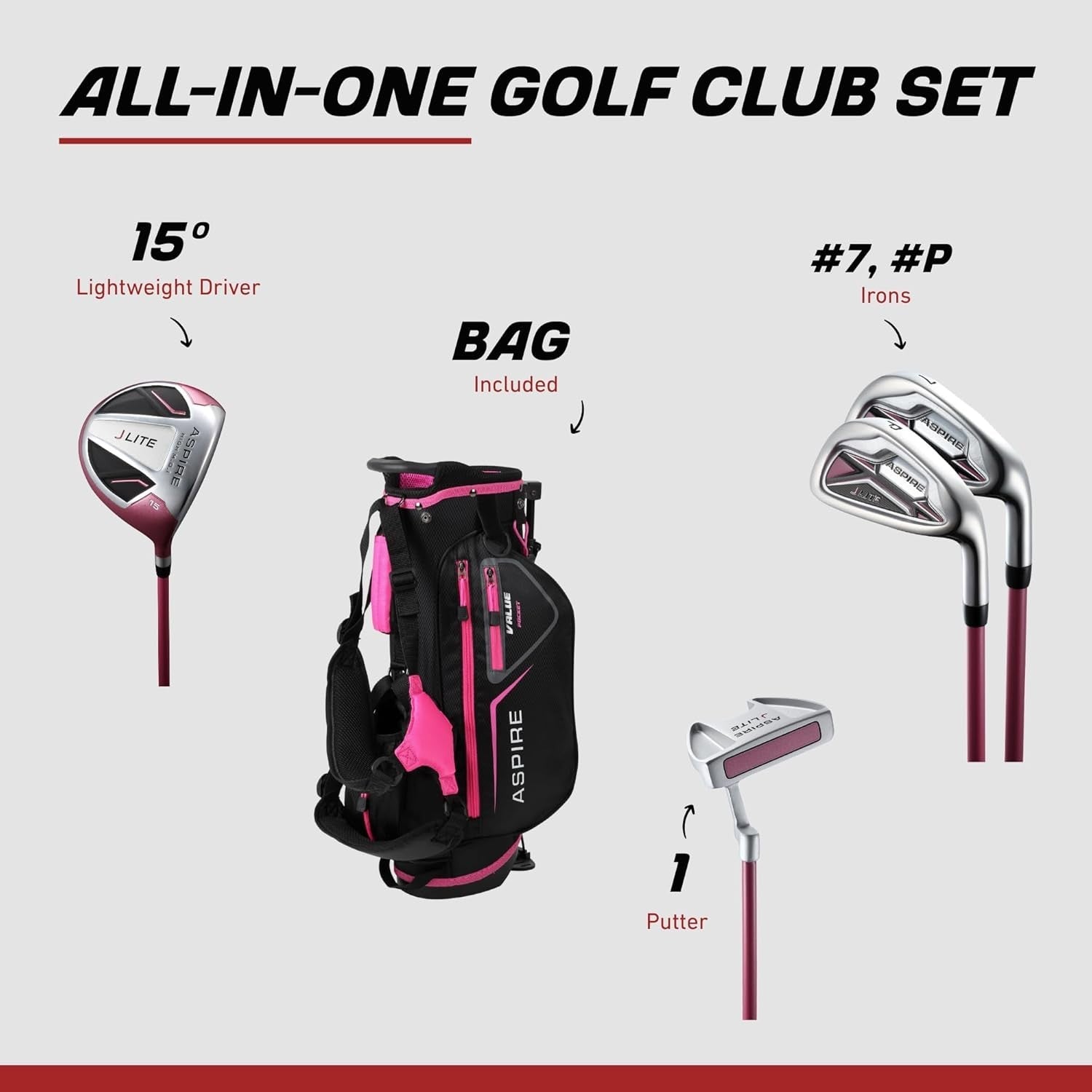 Junior Golf Club Set Ages 3–5 Pink Right Hand Driver Hybrid Bag