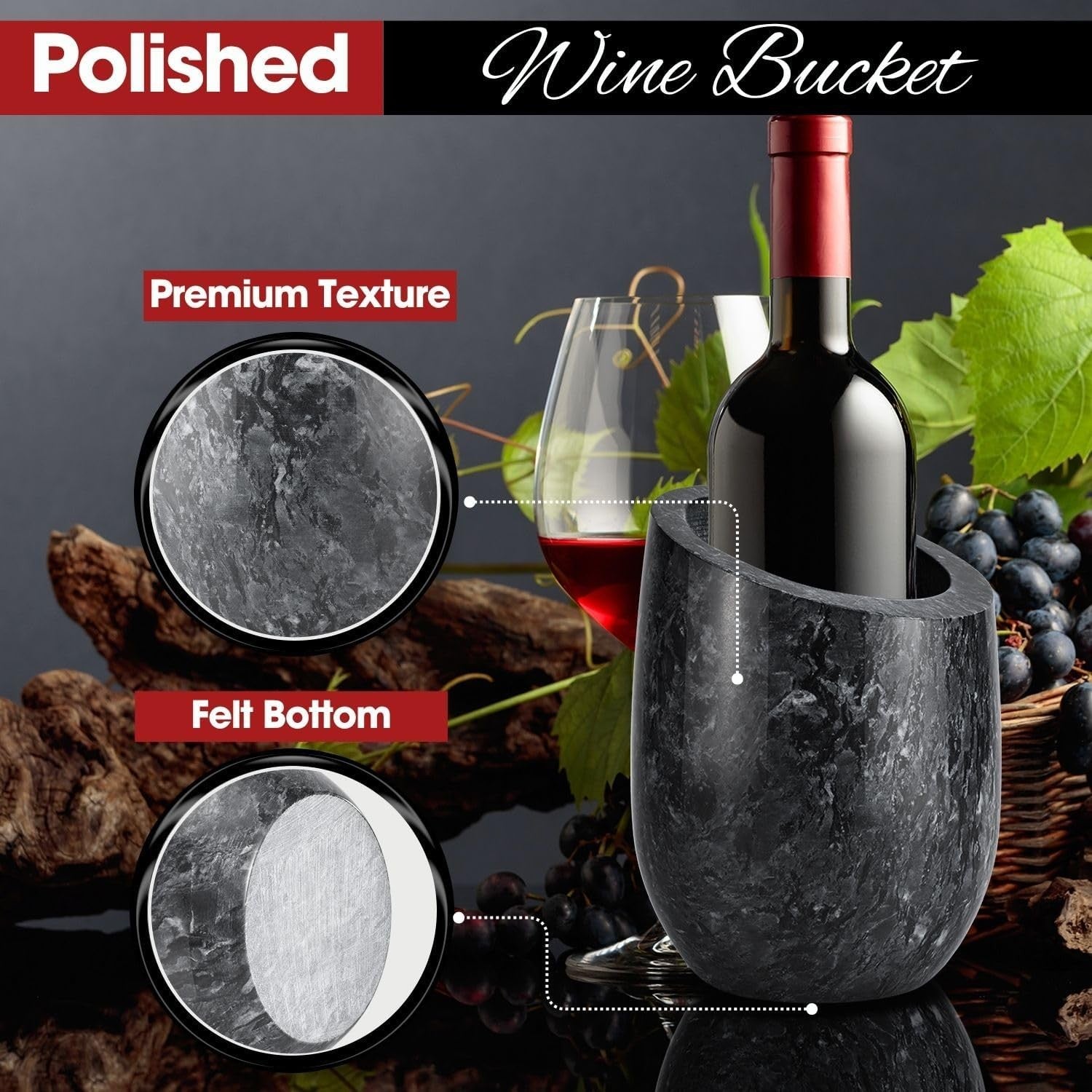 Black Marble Wine Chiller Bucket Champagne Cooler Ice Free Tabletop 750ml