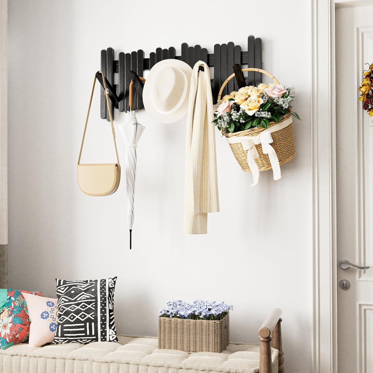 Black Wooden Wall Coat Rack 5 Flip Hooks Space Saving Modern Hallway Organizer