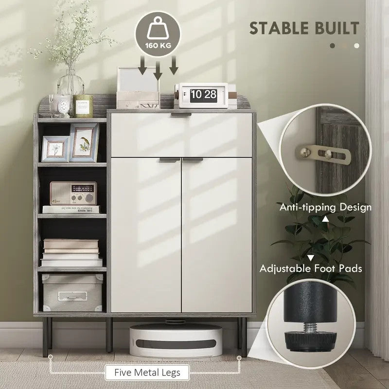 Modern Shoe Cabinet Storage Unit with Drawers & Open Shelves - Grey White