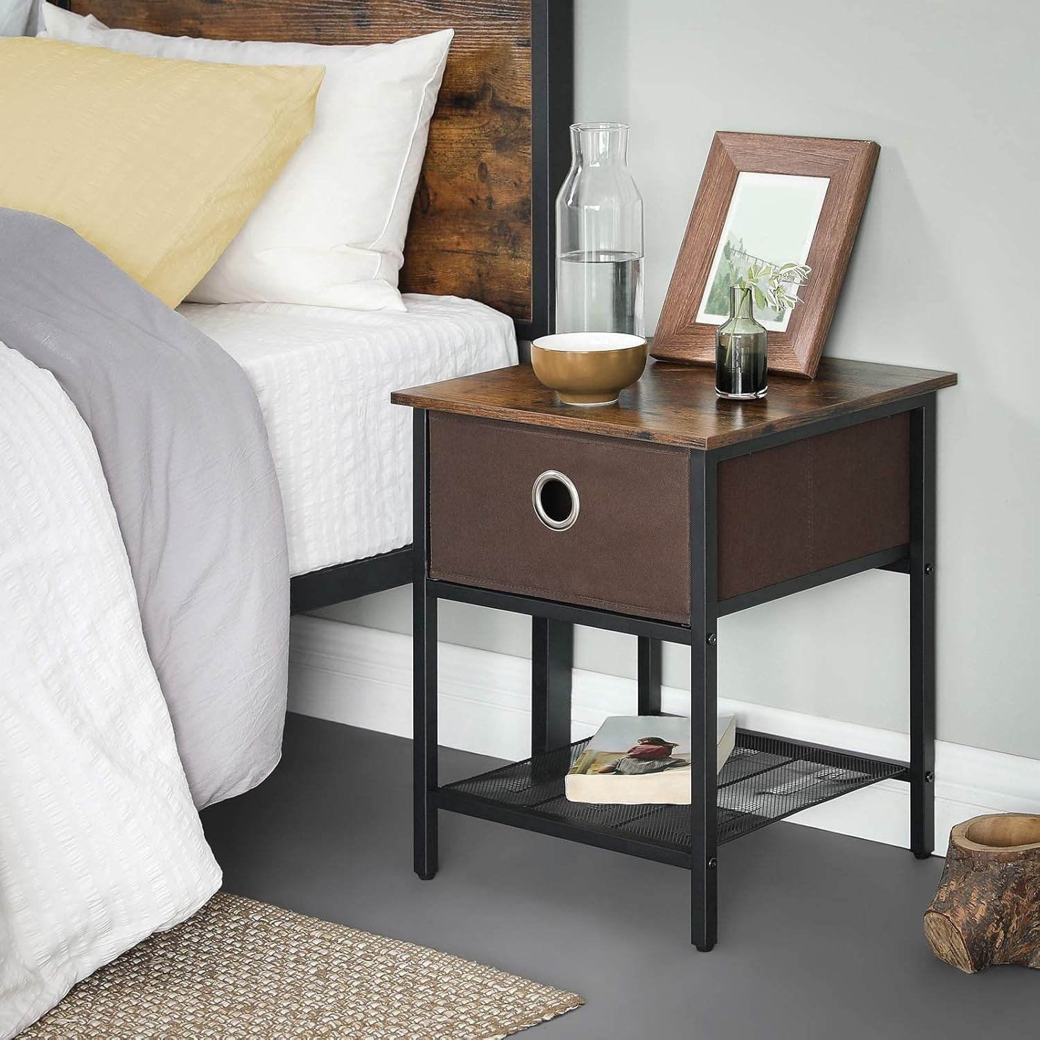 Set of 2 Rustic Bedside Tables with Drawer & Mesh Shelf, Industrial Nightstands