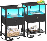 Set of 2 LED Bedside Tables with Charging Station, Fabric Drawer & Storage Shelf