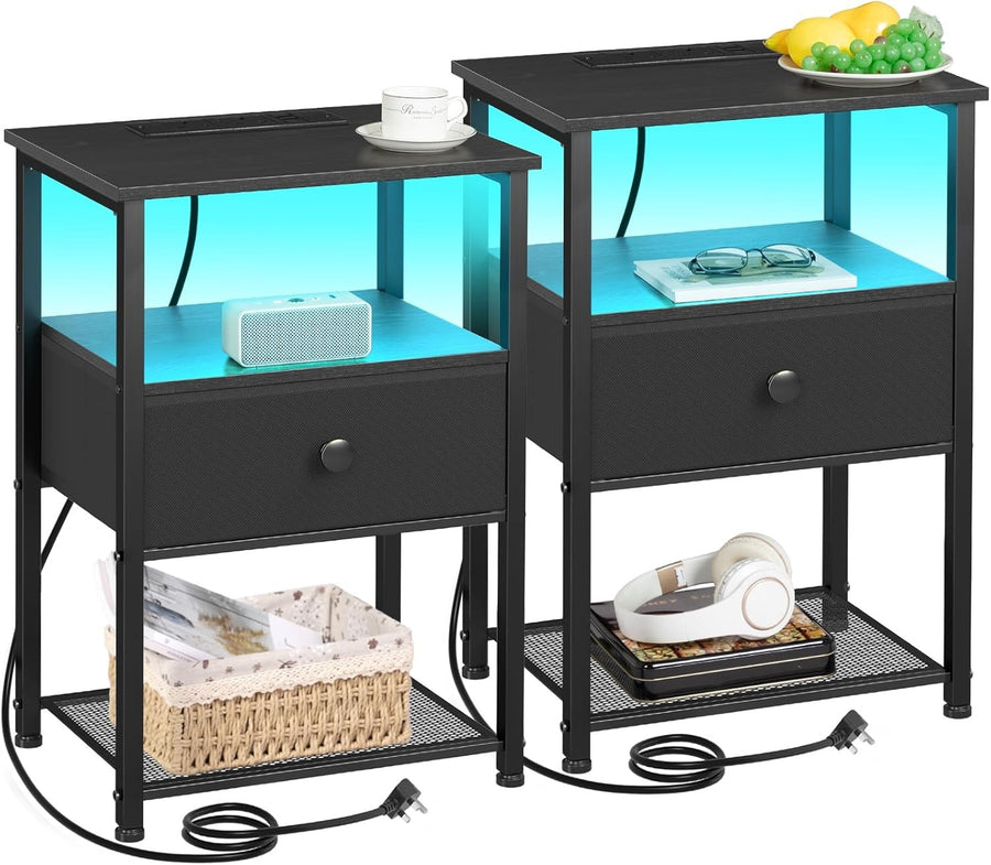 Set of 2 LED Bedside Tables with Charging Station, Fabric Drawer & Storage Shelf