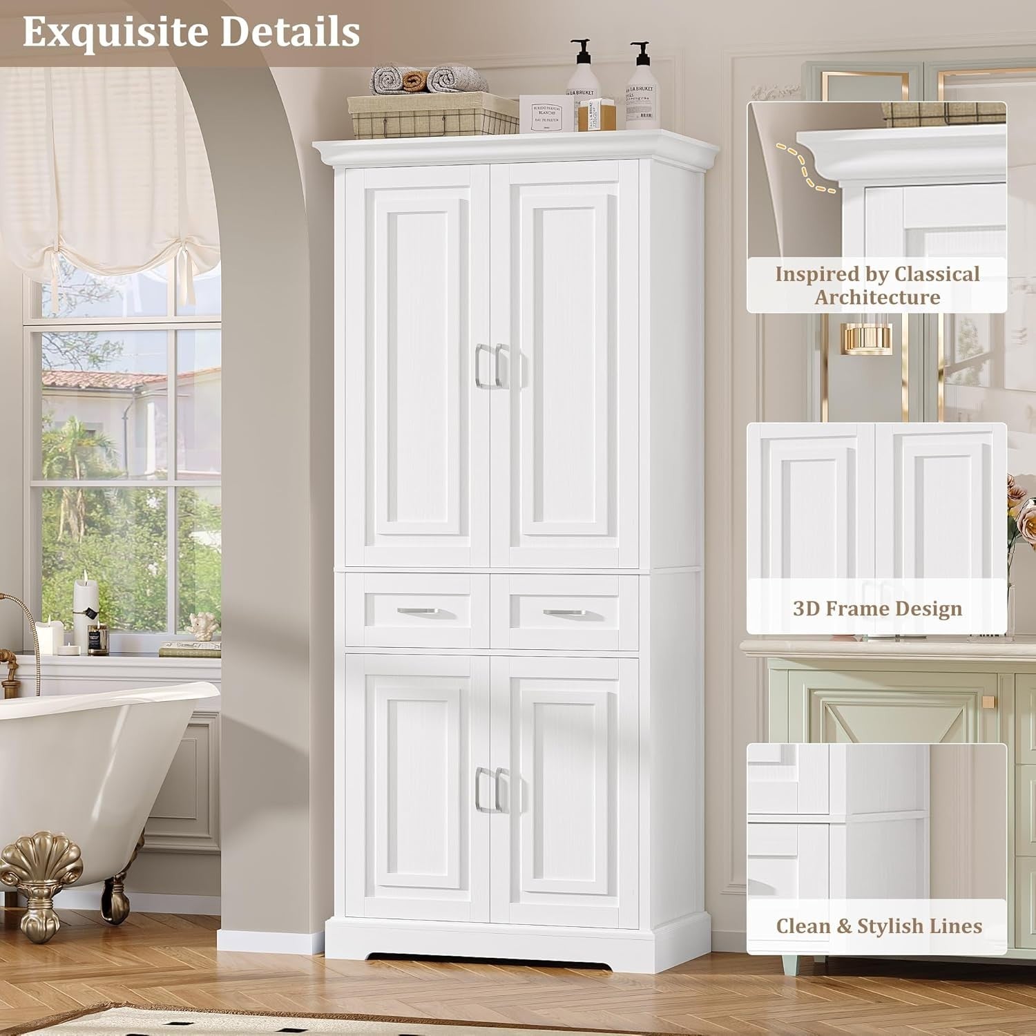 180.5cm Tall Kitchen Cupboard White 4 Doors 2 Drawers Adjustable Shelves