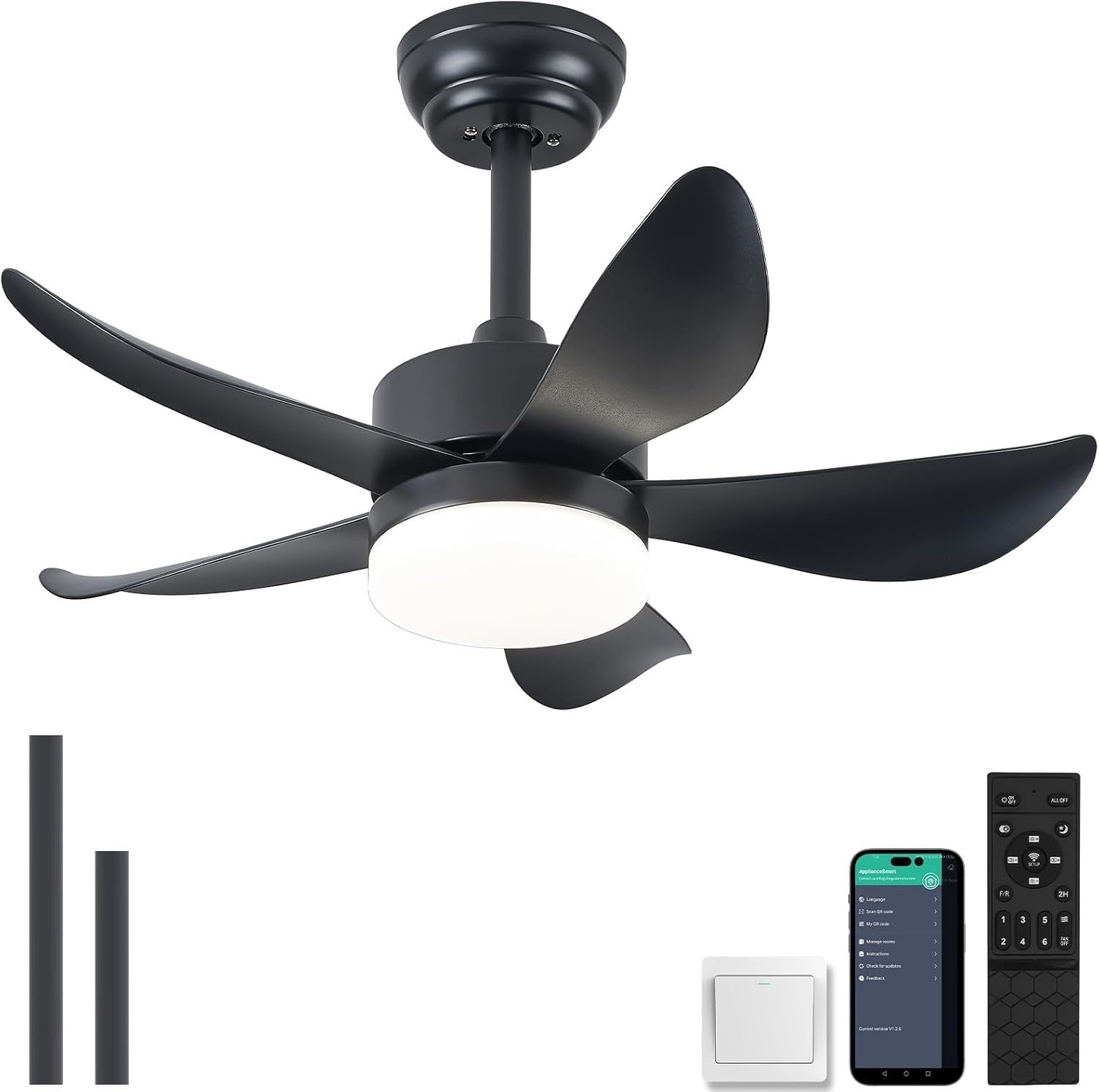 30" Black Ceiling Fan Light, 6 Speeds, Dimmable, Reversible, Quiet Smart Fan