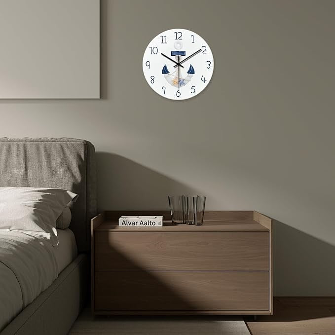 Coastal Nautical Wall Clock 14" Silent Beach Style Anchor Design Home Decor