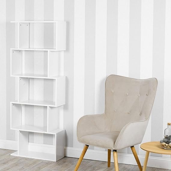 White S-Shaped 5 Tier Display Shelf | Modern Bookcase Storage Divider Unit
