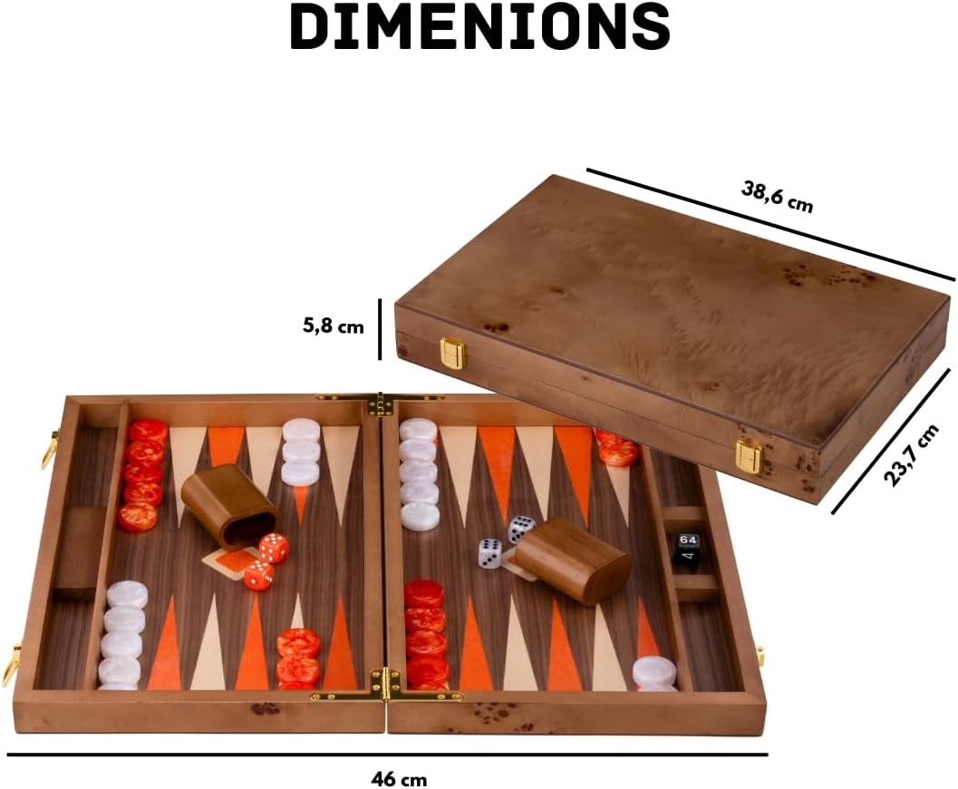Luxury Wooden Backgammon Set 15 Inch Folding Board Walnut Case Dice Cups