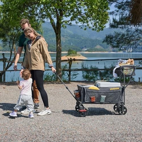 Foldable Heavy Duty Push & Pull Festival Trolley Wagon with Basket Grey