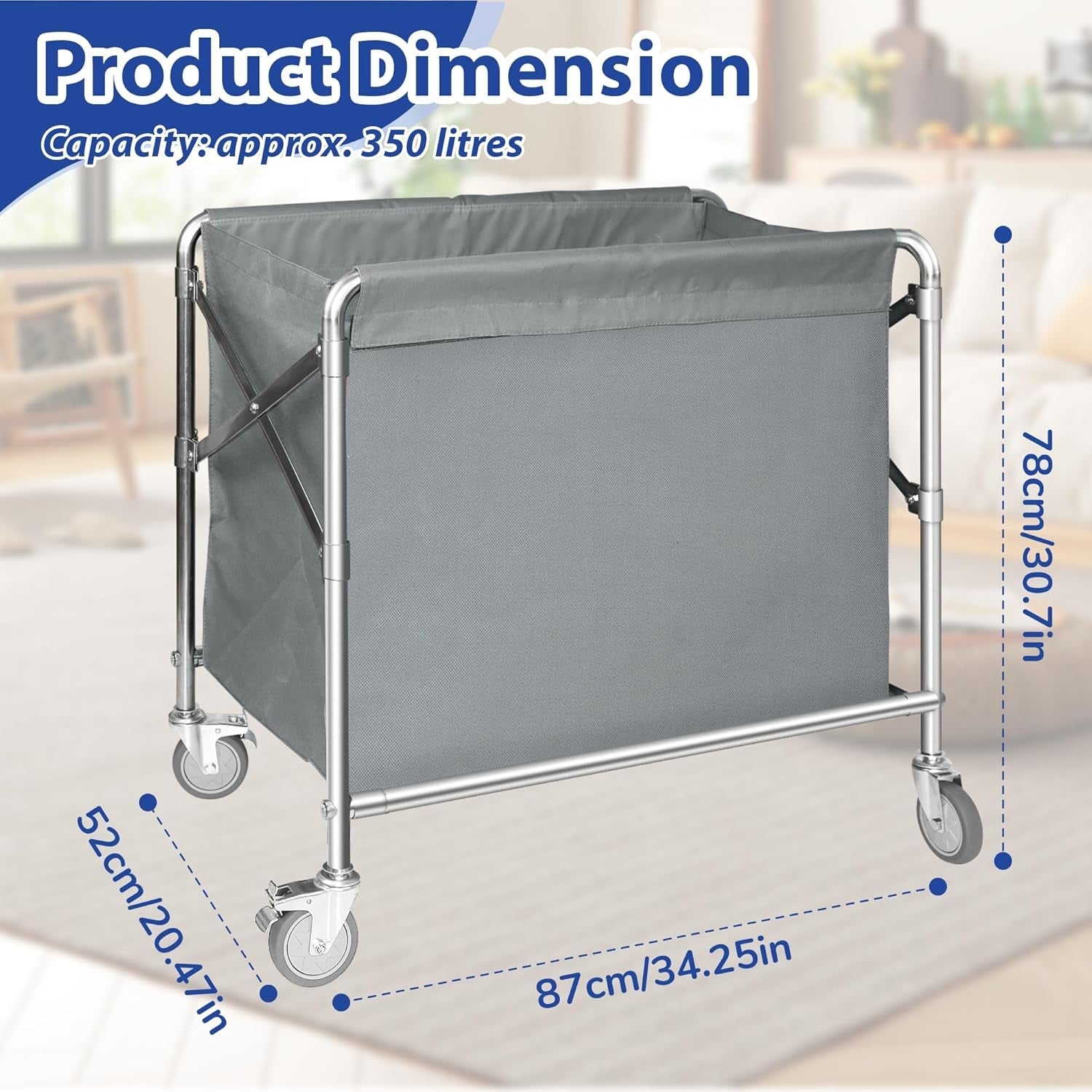 Stainless Steel Laundry Trolley with Wheels Heavy Duty 100kg Large Basket 87x52c