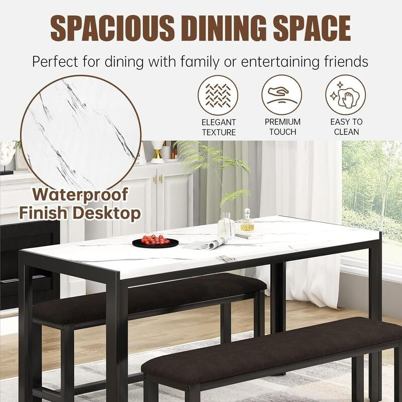 Faux Marble Dining Table Set with 2 Benches – Space Saving, 4 Seater