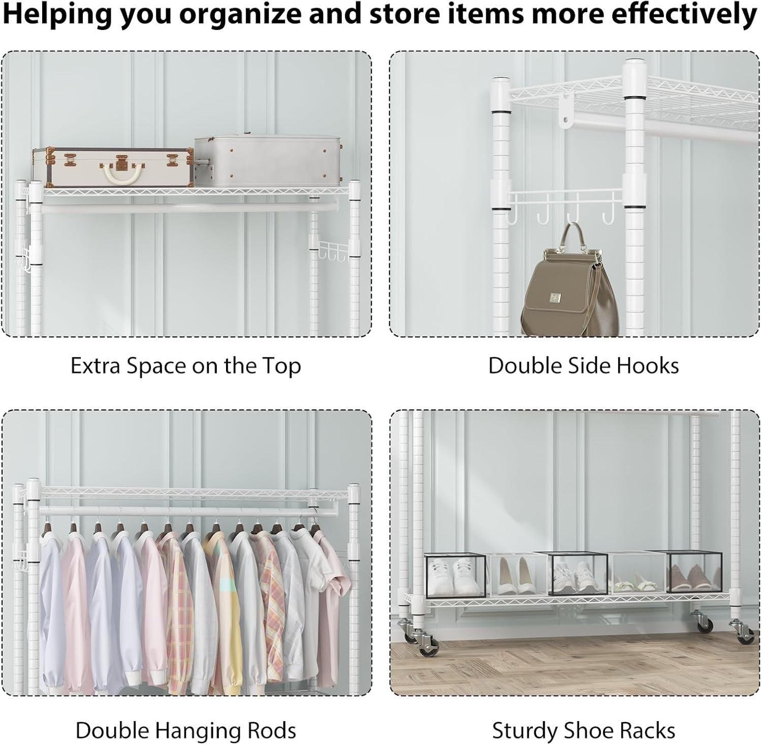 Heavy Duty Double Rod Clothes Rail 3-Tier with Wheels – White 205cm