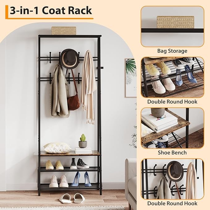 Rustic Brown 3-in-1 Coat Rack with Shoe Storage & 10 Hooks Hallway Stand