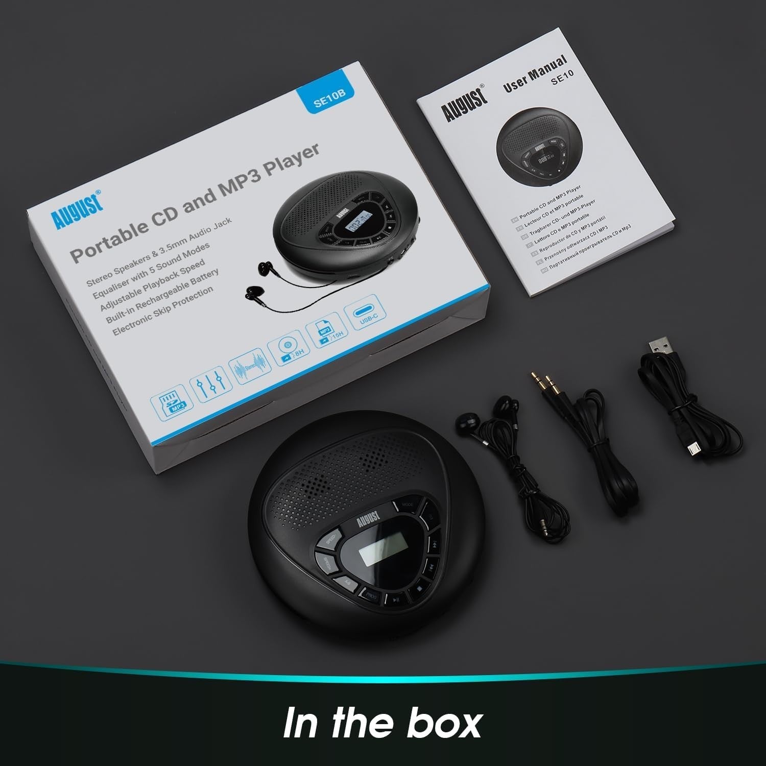 Portable CD Player Rechargeable Discman AUX Micro SD Anti Shock Black