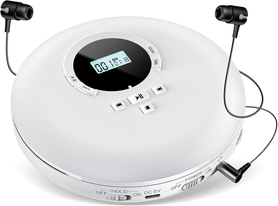 Portable CD Player Anti Skip LCD Display Headphones AUX Personal White